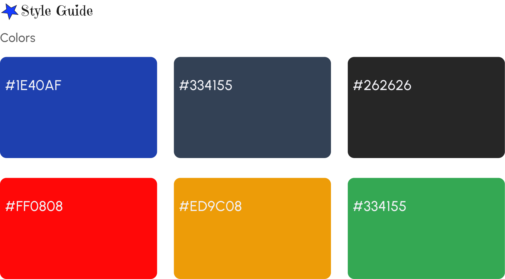Hustle style guide — color palette: #1E40AF blue, #334155 slate, #262626 charcoal, #FF0808 red, #ED9C08 amber, #334155 green